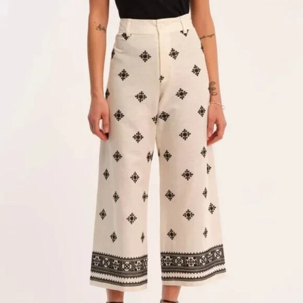 Elie Tahari Women’s Linen Blend Embroidered Wide Leg Cropped Pants Boho Cream 6